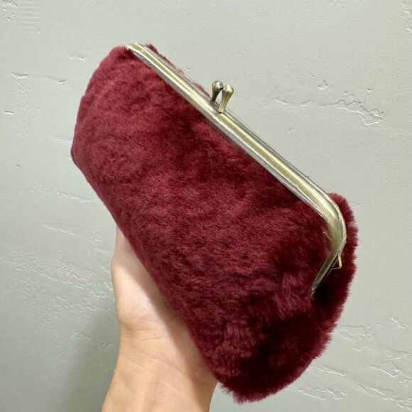 Burgundy Real Shearling Leather Kisslock Clutch/Cosmetic Case/Phone Case - Picture 12 of 14
